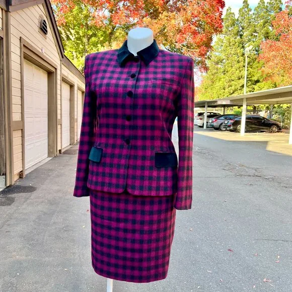 Vintage Jones New York Velvet Trim Plaid Lined Wool Skirt Suit Size 14 - Picture 3 of 13